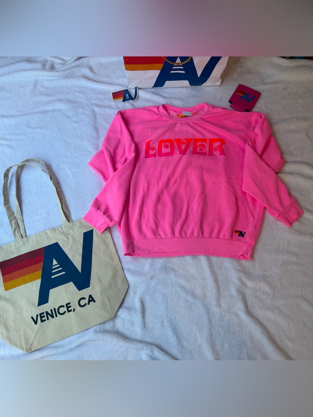 - NWT Aviator Nation Neon Pink LOVER Relaxed Crew Size Medium + Tote Bag